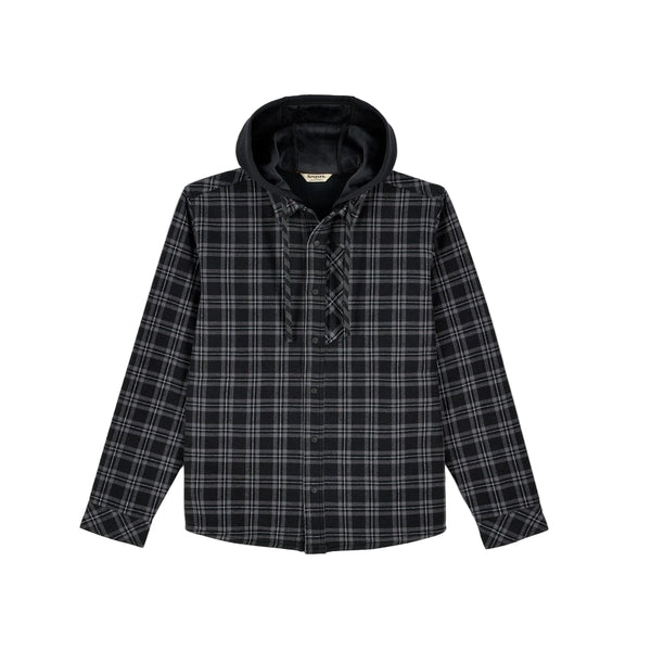 Simms Men's Hooded Coldweather Shacket on Black Wakemup Plaid front facing on a white background.