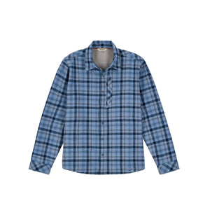 Albacore Blue schooner plaid Simms Men's Coldweather Shacket front facing on a white background.