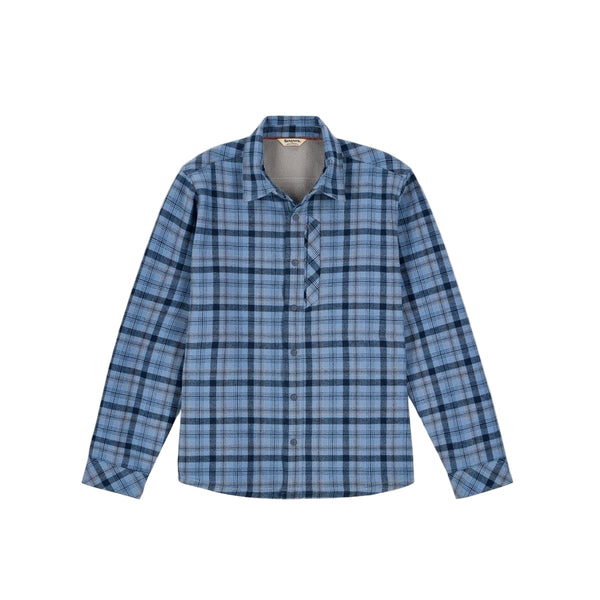 Albacore Blue schooner plaid Simms Men's Coldweather Shacket front facing on a white background.