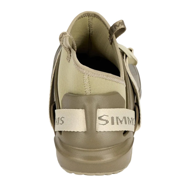 Individual dark stone brown and beige Simms Men's Drifter AT Fishing Shoe showing back of heel on a white background.