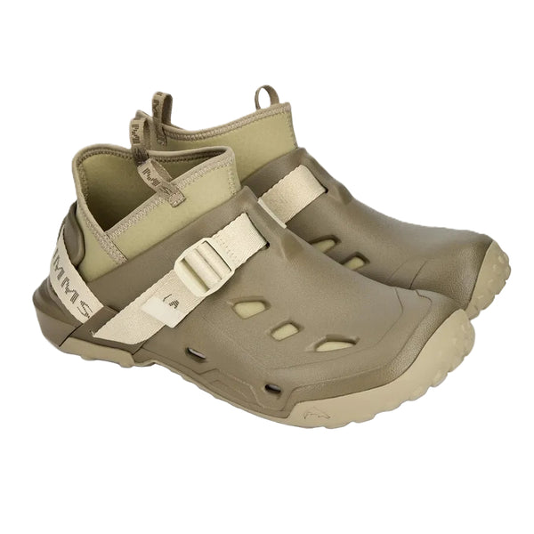 Pair of dark stone brown and beige Simms Men's Drifter AT Fishing Shoes on a white background.