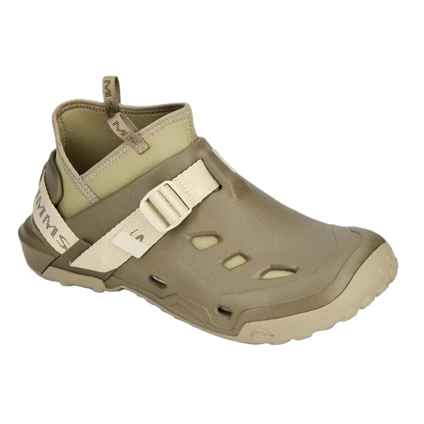 Individual dark stone brown and beige Simms Men's Drifter AT Fishing Shoe showing outside webbing strap and Ariaprene liner on a white background.