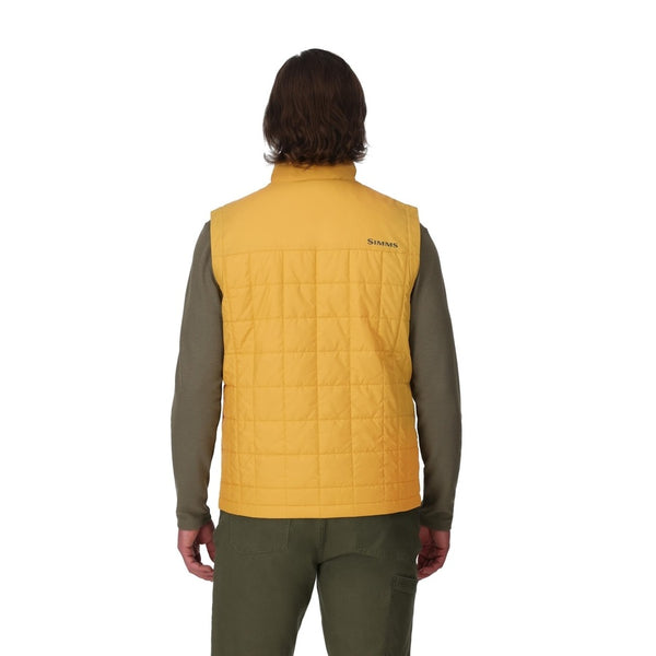 Man wearing a Baltic Amber Simms Men's Fall Run Insulated Vest on a white background.