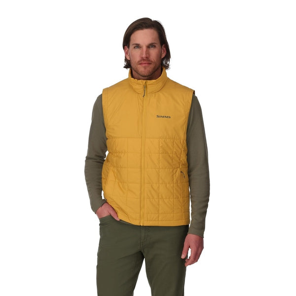Man wearing a Baltic Amber Simms Men's Fall Run Insulated Vest on a white background.