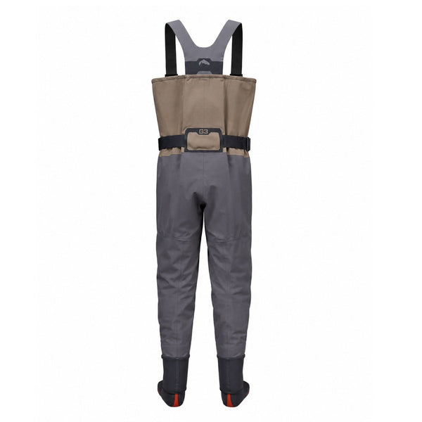The Simms Men's G3 Pro GORE-TEX Stockingfoot Waders for fishing in dark elkhorn color with grey and black accents, shown from the back on a plain white background.