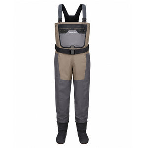 The Simms Men's G3 Pro GORE-TEX Stockingfoot Waders for fishing in dark elkhorn color with grey and black accents, shown from the front on a plain white background.