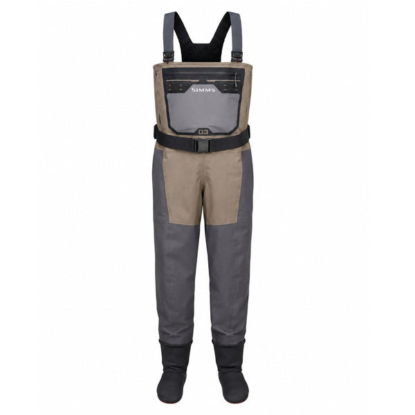 The Simms Men's G3 Pro GORE-TEX Stockingfoot Waders for fishing in dark elkhorn color with grey and black accents, shown from the front on a plain white background.