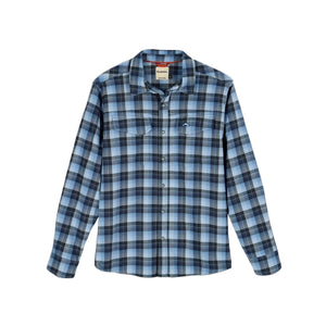 Simms Men's Gallatin Long Sleeved Flannel Shirt in steel blue kennebec plaid front facing on a white background.