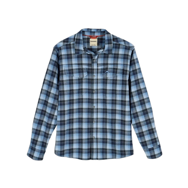 Simms Men's Gallatin Long Sleeved Flannel Shirt in steel blue kennebec plaid front facing on a white background.