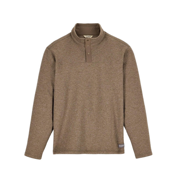 Sturgeon heather long-sleeve Simms Men's Harbor Fleece with a snap collar on a white background.