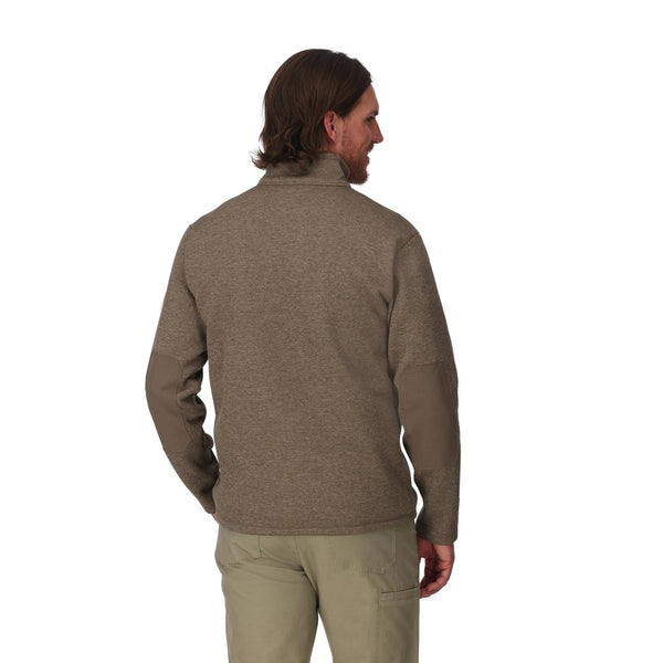 Back view of a person wearing a sturgeon heather Simms Men's Harbor Fleece Sweater on a white background.