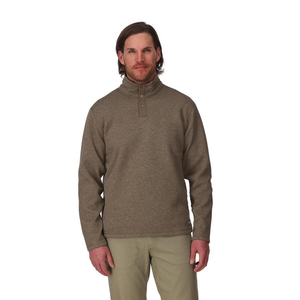 Front view of a person wearing a sturgeon heather Simms Men's Harbor Fleece Sweater on a white background.