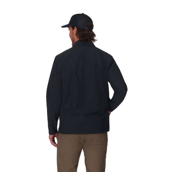 Back view of a person wearing a black Simms Men's Harbor Shacket and cap on a white background.