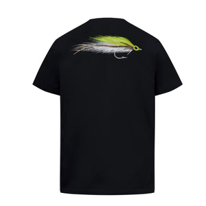 A black short-sleeve Simms Lefty Deceiver Tech T-Shirt shown from the back, featuring a graphic of a lime green, white, and grey Lefty's Deceiver streamer on the upper back, against a white background.