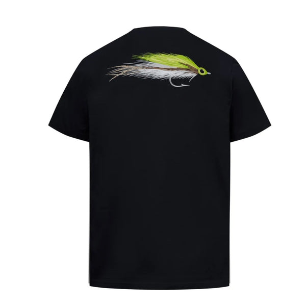 A black short-sleeve Simms Lefty Deceiver Tech T-Shirt shown from the back, featuring a graphic of a lime green, white, and grey Lefty's Deceiver streamer on the upper back, against a white background.