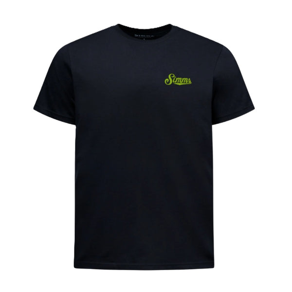 A black short-sleeve Simms Lefty Deceiver Tech T-Shirt shown from the front, featuring a lime green logo on the left chest, against a white background.