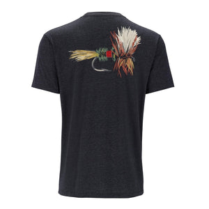 Charcoal heather Simms Men's Let It Fly T-Shirt with a Royal Wulff fly fishing fly design on the back, against a white background.
