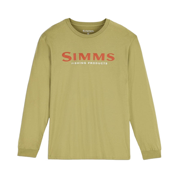 Green long-sleeve Simms Men's Logo T-shirt with red logo, on a white background.