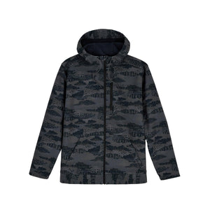 Shroud Black camouflage Simms Men's Rogue Fleece zip front hoody front facing on a white background.