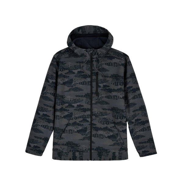Shroud Black camouflage Simms Men's Rogue Fleece zip front hoody front facing on a white background.