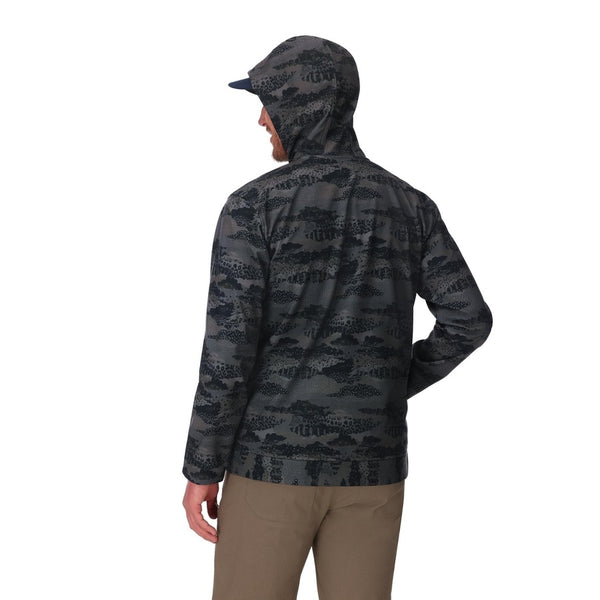 Back view of a person wearing a Shroud Black camouflage Simms Men's Rogue Fleece zip front hoody on a white background.