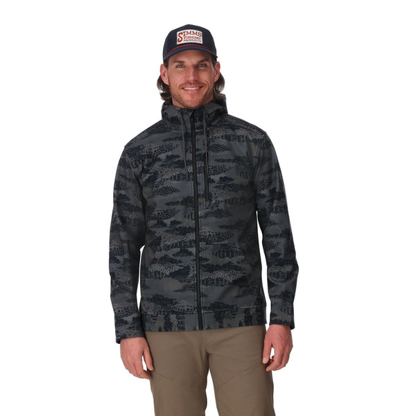 Person wearing a Shroud Black camouflage Simms Men's Rogue Fleece zip front hoody front facing on a white background.