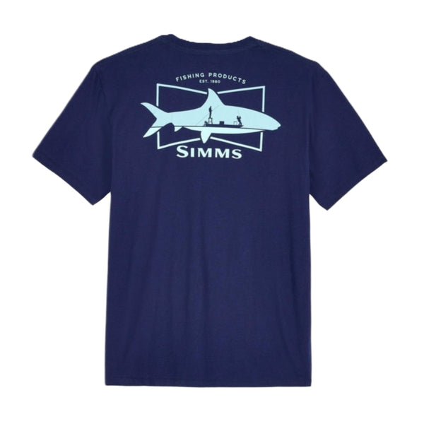 Navy blue Simms Salty Sign T-Shirt with white graphic on back on a white background.