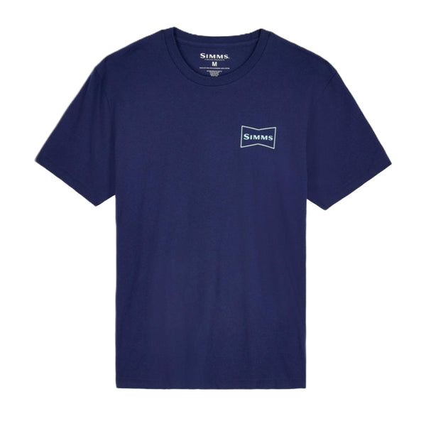 Navy blue Simms Salty Sign T-Shirt with small white graphic on front on a white background.