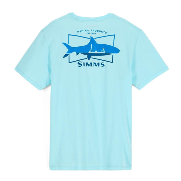 Sea Breeze blue Simms Salty Sign T-Shirt with white graphic on back on a white background.