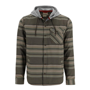 Simms Men's Santee Flannel Hoody in green and brown stripe with a grey hood on a white background.