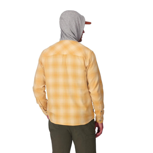 Back view of a man wearing a Simms Men's Santee Flannel Hoody in yellow plaid with a grey hood and green pants on a white background.