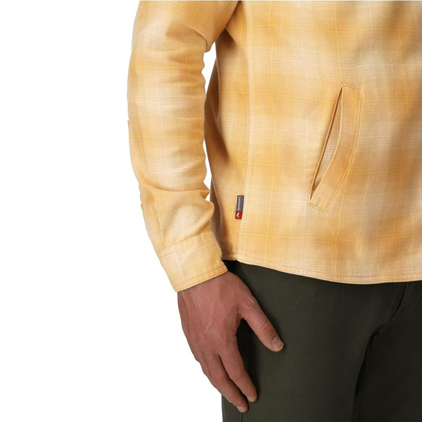 Front pocket detail of the Simms Men's Santee Flannel Hoody in yellow plaid on a white background.