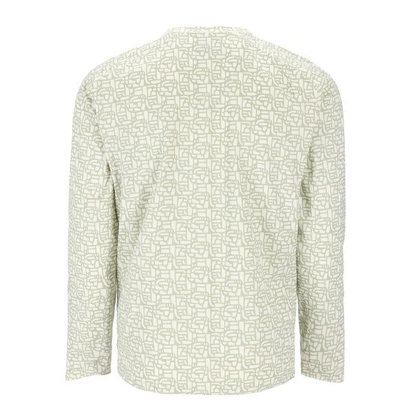 Light green block pale pine patterned Simms Men's Solarflex Crewneck long-sleeve sun shirt on a white background.