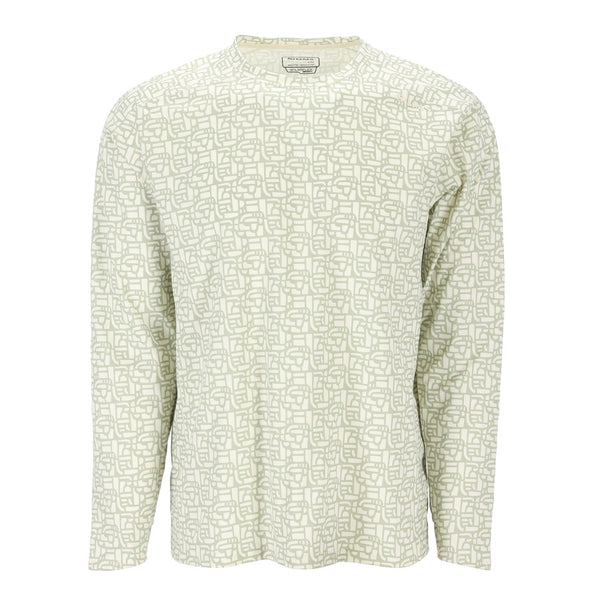 Light green block pale pine patterned Simms Men's Solarflex Crewneck long-sleeve sun shirt on a white background.