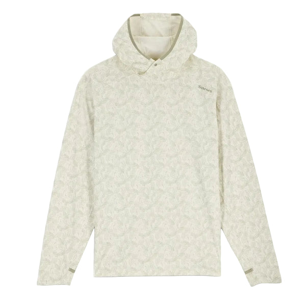 Half moon pale pine print Simms Men's SolarFlex Sun Hoody on a white background.