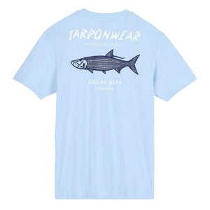 Back of a light blue Simms Men's Tarponwear T-Shirt with fish graphic and text on a white background.