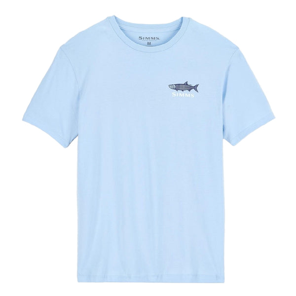 Front of a light blue Simms Men's Tarponwear T-Shirt with fish graphic and text on a white background.