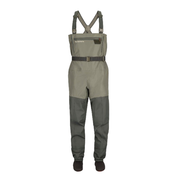 Front view of the Simms Men's Tributary Stockingfoot Waders showing the waders' full length and features on a white background.