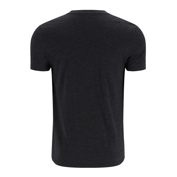 Back of a dark heather grey Simms t-shirt on a white background.