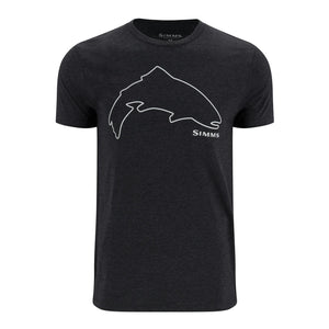 Dark heather grey t-shirt with Simms Trout outline graphic on the front, on a white background.