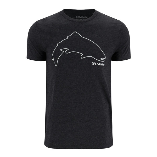 Dark heather grey t-shirt with Simms Trout outline graphic on the front, on a white background.