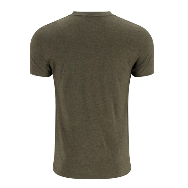 Back of a loden heather green Simms t-shirt on a white background.