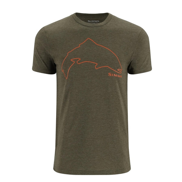 Loden heather green t-shirt with Simms Trout outline graphic on the front, on a white background.