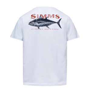 White short-sleeve Simms Men's Tuna T-Shirt shown from the back, featuring a large logo graphic with tuna fish, on a white background.
