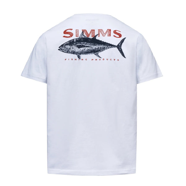 White short-sleeve Simms Men's Tuna T-Shirt shown from the back, featuring a large logo graphic with tuna fish, on a white background.