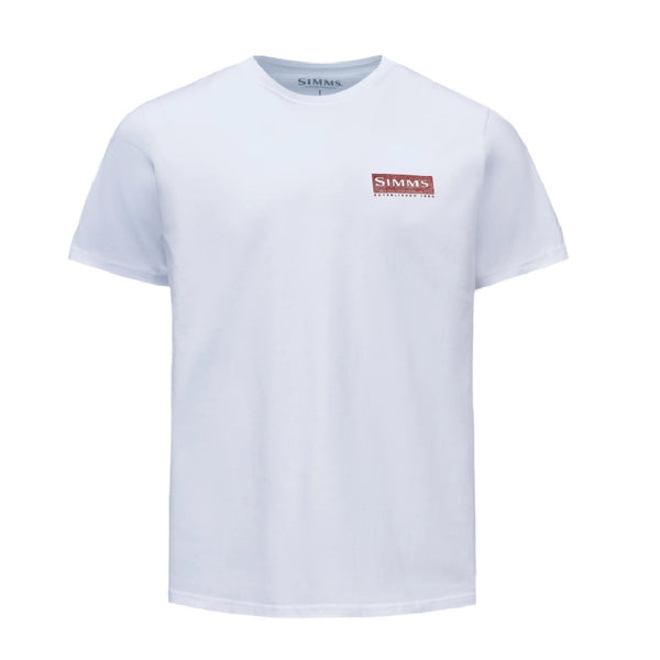 White short-sleeve Simms Men's Tuna T-Shirt shown from the front, featuring a small logo on the left chest, on a white background.