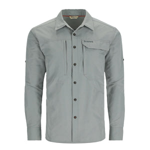 A long-sleeved cinder grey Simms men's UPF guide shirt with a point collar, button-front closure, and front pockets on a white background.