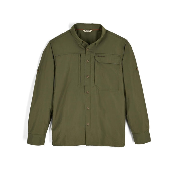A long-sleeved loden green Simms men's UPF guide shirt with a point collar, button-front closure, and front pockets on a white background.