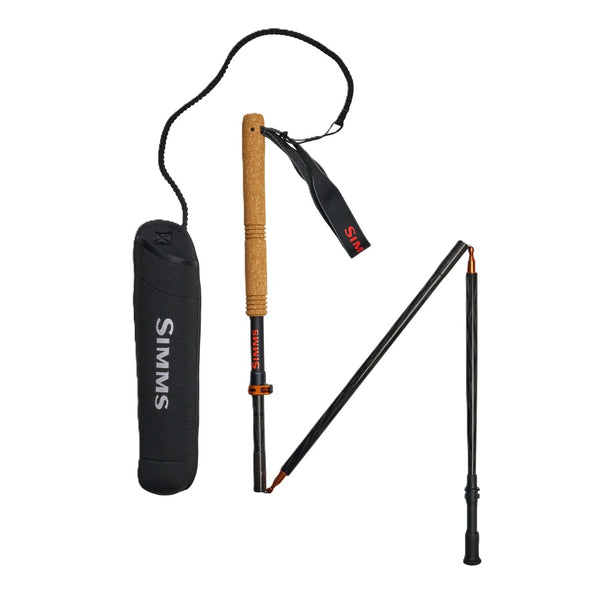 Simms Pro Wading Staff un-extended next to the neoprene sheath against a white background.