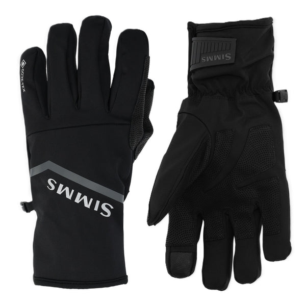 Pair of black Simms ProDry Gore-Tex gloves on a white background.